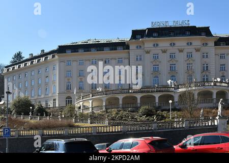 The Jachymov Spa using radon water for treatment was founded in 1906 as the first radon spa in the world. Pictured here is the Radium Palace Hotel in Stock Photo