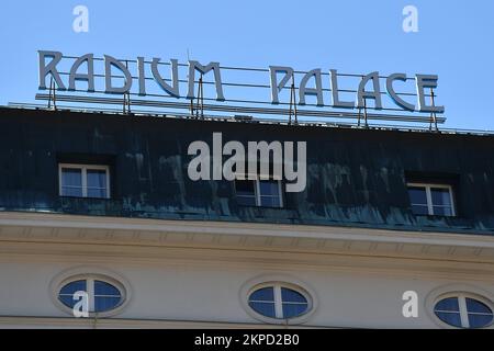 The Jachymov Spa using radon water for treatment was founded in 1906 as the first radon spa in the world. Pictured here is the Radium Palace Hotel in Stock Photo