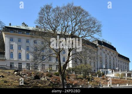 The Jachymov Spa using radon water for treatment was founded in 1906 as the first radon spa in the world. Pictured here is the Radium Palace Hotel in Stock Photo