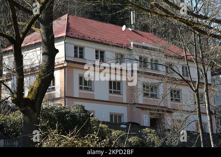 The Jachymov Spa using radon water for treatment was founded in 1906 as the first radon spa in the world. The picture shows the headquarters of the Ja Stock Photo