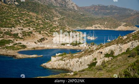 Southwestern tip of Turkey. Sunset from the ancient city of Datca Knidos. Yazikoy village harbor. Ancient Greek city of Knidos. The sky after sunset. Stock Photo