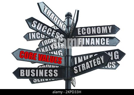 Business and finance concept. Business road sign, on one of the arrows the inscription in red - CORE VALUES Stock Photo