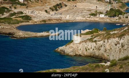 Southwestern tip of Turkey. Sunset from the ancient city of Datca Knidos. Yazikoy village harbor. Ancient Greek city of Knidos. The sky after sunset. Stock Photo