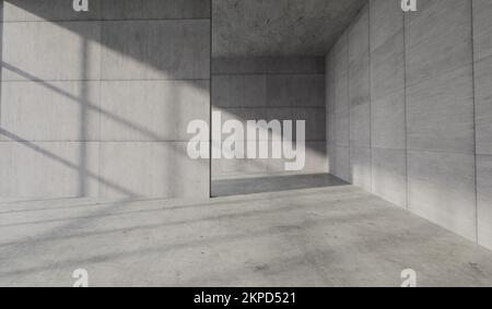 Concrete modern interior space. Blank walls and sunlight casting shadows. 3D Rendering Stock Photo