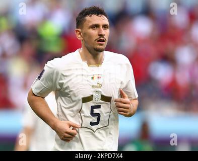 Al Wukair, Qatar. 28th Nov, 2022. Milos Veljkovic of Serbia during the FIFA World Cup 2022 match at Al Janoub Stadium, Al Wukair. Picture credit should read: David Klein/Sportimage/Alamy Live News Credit: Sportimage/Alamy Live News Stock Photo