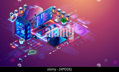 Software development isometric concept. Web design, develop app of different devices. Create programm of laptop, PC, mobile phone. Technology process Stock Vector