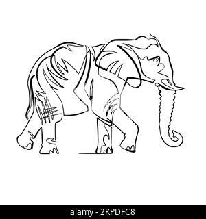Elephant walking, continuous line sketch, graphic design vector clipart Stock Vector