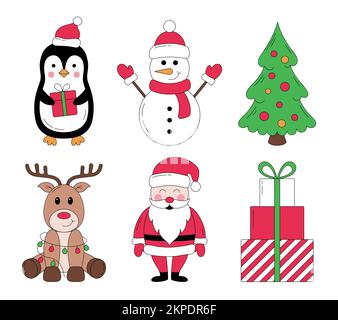 Christmas collection of cute characters and elements. Santa Claus, reindeer, penguin, snowman, tree, gift boxes. Vector illustration Stock Vector