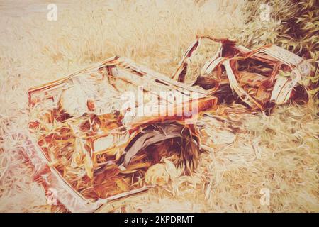 Fine art digital illustration of a dumped vintage car decomposing in a farmyard field after a nuclear radiation leak. Rotting radioactive car Stock Photo