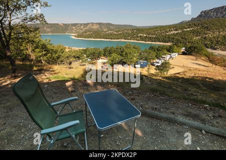 Camping le Galetas,Pont du Galetas,Plage du Galetas,Lac de Sainte Croix,Parc naturel regional du Verdon, Verdon Gorge,The Verdon Gorge is a river canyon located in the Provence-Alpes-Côte d'Azur region of Southeastern France. The Gorges du Verdon, the largest canyon in Europe.  The Gorges du Verdon, a must-see in Provence, France and Europe, await you and promise unforgettable memories! Considered as the French ‘Grand Canyon’.It is about 25 km long and up to 700 metres deep.August,heatwave,summer,drought,dry,river bed,riverbed,Europe,European Stock Photo