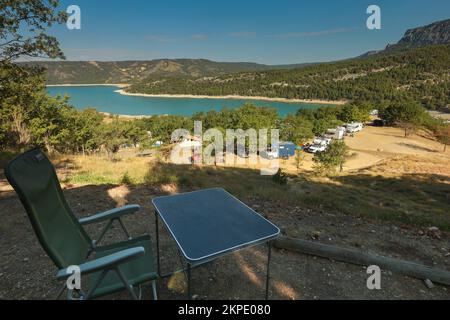 Camping le Galetas,Pont du Galetas,Plage du Galetas,Lac de Sainte Croix,Parc naturel regional du Verdon, Verdon Gorge,The Verdon Gorge is a river canyon located in the Provence-Alpes-Côte d'Azur region of Southeastern France. The Gorges du Verdon, the largest canyon in Europe.  The Gorges du Verdon, a must-see in Provence, France and Europe, await you and promise unforgettable memories! Considered as the French ‘Grand Canyon’.It is about 25 km long and up to 700 metres deep.August,heatwave,summer,drought,dry,river bed,riverbed,Europe,European Stock Photo