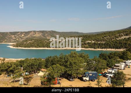 Camping le Galetas,Pont du Galetas,Plage du Galetas,Lac de Sainte Croix,Parc naturel regional du Verdon, Verdon Gorge,The Verdon Gorge is a river canyon located in the Provence-Alpes-Côte d'Azur region of Southeastern France. The Gorges du Verdon, the largest canyon in Europe.  The Gorges du Verdon, a must-see in Provence, France and Europe, await you and promise unforgettable memories! Considered as the French ‘Grand Canyon’.It is about 25 km long and up to 700 metres deep.August,heatwave,summer,drought,dry,river bed,riverbed,Europe,European Stock Photo