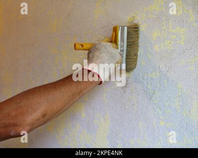 priming the wall with a paint brush as a preparation of the surface for applying plaster or wallpaper, the painter's hand in a glove with a wide brush Stock Photo