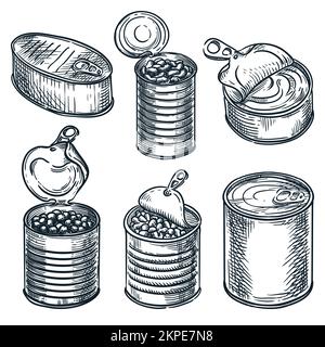 Metal cans, jars containers set isolated on white background. Food in tins, hand drawn vector sketch illustration. Grocery supermarket design elements Stock Vector