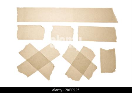 Collection of yellow aged duct tape. Collection of various adhesive tapes. Scotch tape isolated on a white background. Copy space Stock Vector