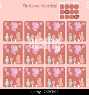 Find 2 identical pictures in a fun children s puzzle game for children under 7 years old Stock Vector