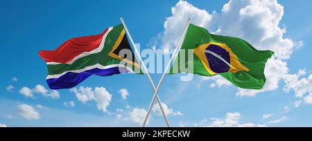 crossed national flags of Brazil and south korea flag waving in the ...