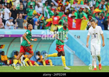 Al Wakrah, Qatar. 28th November 2022; Al Janoub Stadium, Al Wakrah, Qatar; FIFA World Cup Football, Cameroon versus Serbia; Vincent Aboubakar of Cameroon, celebrates their 3-1 equalising goal from Choupo-Motingm with Pierre Kunde Credit: Action Plus Sports Images/Alamy Live News Stock Photo