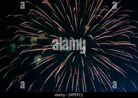 An explosion of bright single fireworks, against the background of the night sky. High quality photo Stock Photo