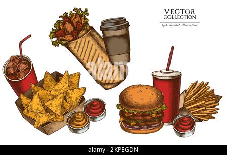 Street food vintage illustrations collection. Hand drawn logo designs with sauces, nachos, soda, burger, shawarma, french fries, paper cup. Stock Vector