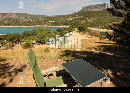 Camping le Galetas,Pont du Galetas,Plage du Galetas,Lac de Sainte Croix,Parc naturel regional du Verdon, Verdon Gorge,The Verdon Gorge is a river canyon located in the Provence-Alpes-Côte d'Azur region of Southeastern France. The Gorges du Verdon, the largest canyon in Europe.  The Gorges du Verdon, a must-see in Provence, France and Europe, await you and promise unforgettable memories! Considered as the French ‘Grand Canyon’.It is about 25 km long and up to 700 metres deep.August,heatwave,summer,drought,dry,river bed,riverbed,Europe,European Stock Photo