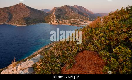 Southwestern tip of Turkey. Sunset from the ancient city of Datca Knidos. Yazikoy village harbor. Ancient Greek city of Knidos. The sky after sunset. Stock Photo