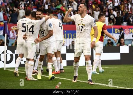 Foto Fabio Ferrari/LaPresse 28 Novembre 2022 Al Janoub Stadium, Qatar - Sport - Calcio - Qatar 2022 - Coppa del Mondo Fifa - Camerun vs Serbia - Gruppo G - Fase a Gironi - .Nella foto: esultanza Serbia  November 28, 2022 Al Janoub Stadium, Qatar  - sport - Soccer - Qatar 2022- Fifa World Cup - Cameroon v Serbia - Group G - group stage  - . In the pic: exultation Serbia/ PRESSINPHOTO/Sipa USA Stock Photo