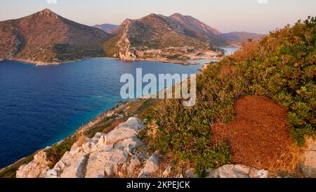 Southwestern tip of Turkey. Sunset from the ancient city of Datca Knidos. Yazikoy village harbor. Ancient Greek city of Knidos. The sky after sunset. Stock Photo