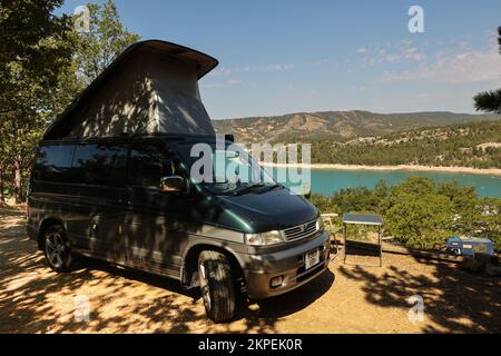 Camping le Galetas,Pont du Galetas,Plage du Galetas,Lac de Sainte Croix,Parc naturel regional du Verdon, Verdon Gorge,The Verdon Gorge is a river canyon located in the Provence-Alpes-Côte d'Azur region of Southeastern France. The Gorges du Verdon, the largest canyon in Europe.  The Gorges du Verdon, a must-see in Provence, France and Europe, await you and promise unforgettable memories! Considered as the French ‘Grand Canyon’.It is about 25 km long and up to 700 metres deep.August,heatwave,summer,drought,dry,river bed,riverbed,Europe,European Stock Photo