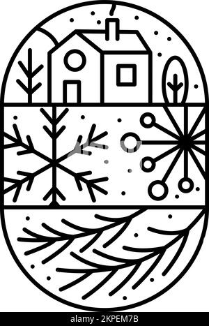 Christmas logo advent composition snowflake, branches, house and trees. Hand drawn monoline winter vector constructor in half round frame and Stock Vector