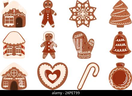Gingerbread cookies collection. Winter traditional decorated set of sweets in shape house and star, Christmas tree and bell, gingerbread man and woman, heart, ball and mitten. Stock Vector