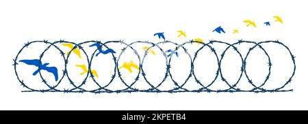 Flying birds in Ukrainian blue and yellow flag colors escaping barbed wire fence. Freedom concept. Hand drawn vector illustration. Pray for Ukraine Stock Vector