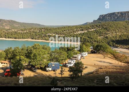 Camping le Galetas,Pont du Galetas,Plage du Galetas,Lac de Sainte Croix,Parc naturel regional du Verdon, Verdon Gorge,The Verdon Gorge is a river canyon located in the Provence-Alpes-Côte d'Azur region of Southeastern France. The Gorges du Verdon, the largest canyon in Europe.  The Gorges du Verdon, a must-see in Provence, France and Europe, await you and promise unforgettable memories! Considered as the French ‘Grand Canyon’.It is about 25 km long and up to 700 metres deep.August,heatwave,summer,drought,dry,river bed,riverbed,Europe,European Stock Photo