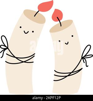 Couple of happy love smilling doodle burning candles. Vector christmas illustration. Pair of cute elements for winter design. Joy and family concept Stock Vector