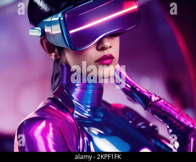 Splendid futuristic woman in cyberpunk world with VR headset portrait with glowing ultraviolet neon light ray. Digital art 3D illustration cybergirl Stock Photo