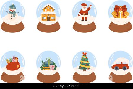 Cartoon hand drawn collection of snow globe. Snow ball with snowman, decorated house, Santa Claus and deer, Christmas tree, bag with gifts, bells and red ribbon, car in snow, gift with pine branches. Stock Vector