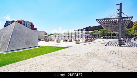 Ornamental umbrella-like structure around the Museu del Disseny in Barcelona, Catalunya, Spain, Europe Stock Photo