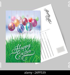Template Greeting Postcard with Hanging Easter Eggs with Different Ornaments. Easter Background Stock Vector