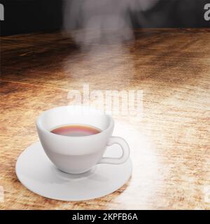 Cup of tea with steam on a wooden table, white ceramic 3D render Stock Photo