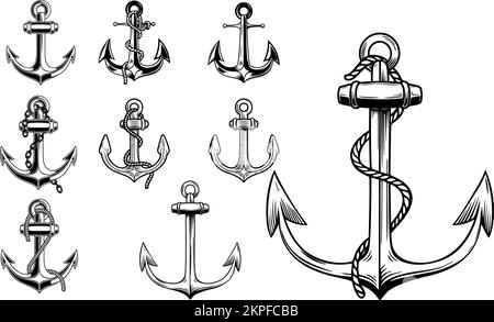 Set of vintage illustrations of anchor. Design element for logo, emblem, sign, t shirt. Vector illustration Stock Vector