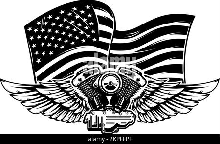 Illustration of twin engine with wings on american flag background. Design element for poster, card, banner, sign, emblem. Vector illustration Stock Vector