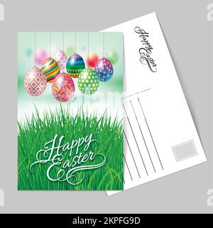 Template Greeting Card with Hanging Easter Eggs with Different Ornaments. Easter Background to Celebrate the Festive Season Stock Vector