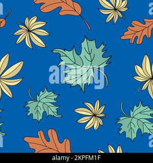 OAK AND MAPLE Floral Autumn Fall Leaves On Blue Background Season Cartoon Seamless Pattern Vector Illustration For Print Stock Vector
