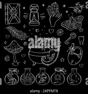 OCCULT ELEMENTS Mystical Symbol Set For Tarot Card Banner Flyer Poster Sticker Esoteric Witchcraft Hand Drawn Magical Objects Halloween Monochrome Vec Stock Vector