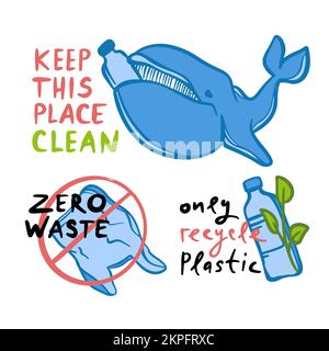 ONLY RECYCLE PLASTIC Ecological Environmental Pollution Problem Of Earth Plastic Bag And Plastic Bottle With Whale On Banner Vector Illustration Set F Stock Vector
