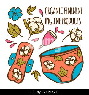 ORGANIC FEMININE Gynecological Healthcare Zero Waste Women Hygiene Cartoon Hand Drawn Clip Art Vector Illustration Set For Print Stock Vector