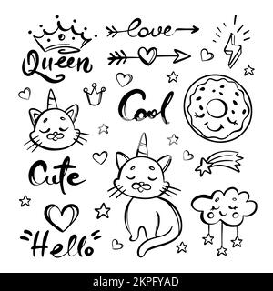 UNICORN CAT Hand Drawn Sketch Doodle Cute Kitten Horn Head Donut Crown Heart Cloud Handwritten Mottos Monochrome Design Collection Cartoon Vector Illu Stock Vector