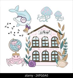 UNDERWATER SCHOOL Sea Education School Building Dolphin With A Little Bell And A Crab With A Globe On Its Head Cartoon Clip Art Vector Illustration Se Stock Vector