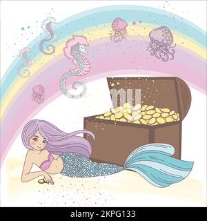 UNDERWATER TREASURE Of Long Haired Princess Mermaid Is Chest With Golden Coins At The Bottom Of The Sea Cartoon Clip Art Vector Illustration Set For P Stock Vector