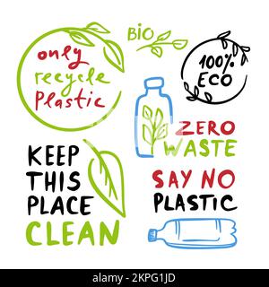 ZERO WASTE QUOTES Ecological Environmental Pollution Problem Of Nature Earth By Plastics With Leaves And Branches With Text Vector Illustration Set Fo Stock Vector